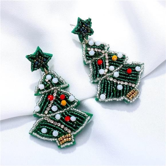 Christmas Beaded Earrings Hypoallergenic X-Mas Tree Snowflake Dangling Earrings - Picture 6 of 7